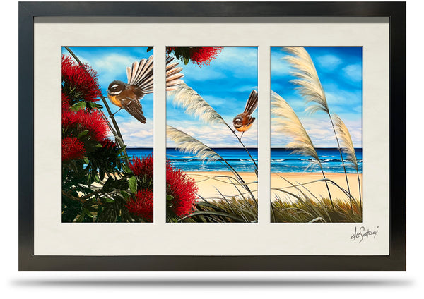Piwakawaka - 24"x36" Framed Canvas Triptych